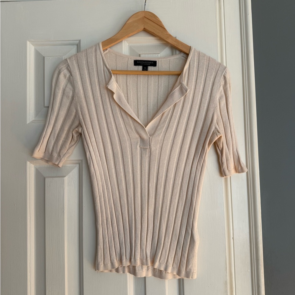 Cream Ribbed Short Sleeve Silk Cashmere blend sweater xs